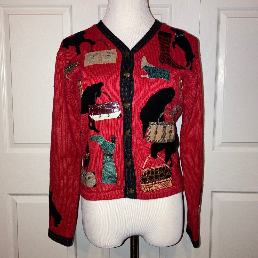 Susan Bristol Red Cardigan Sweater S Dogs and Handbags Vintage